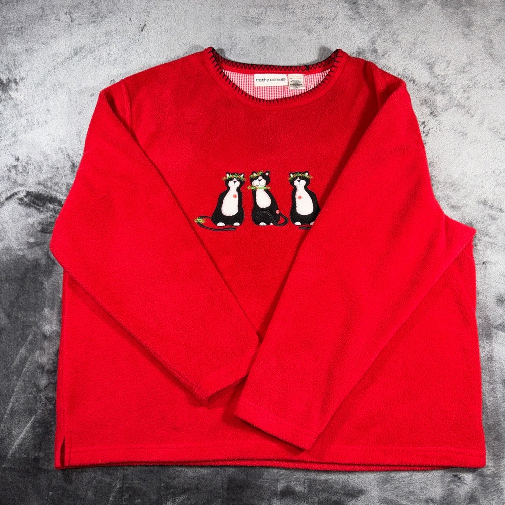 Cathy Daniels Red Fleece Christmas Sweatshirt Cats Mouse Holiday XL